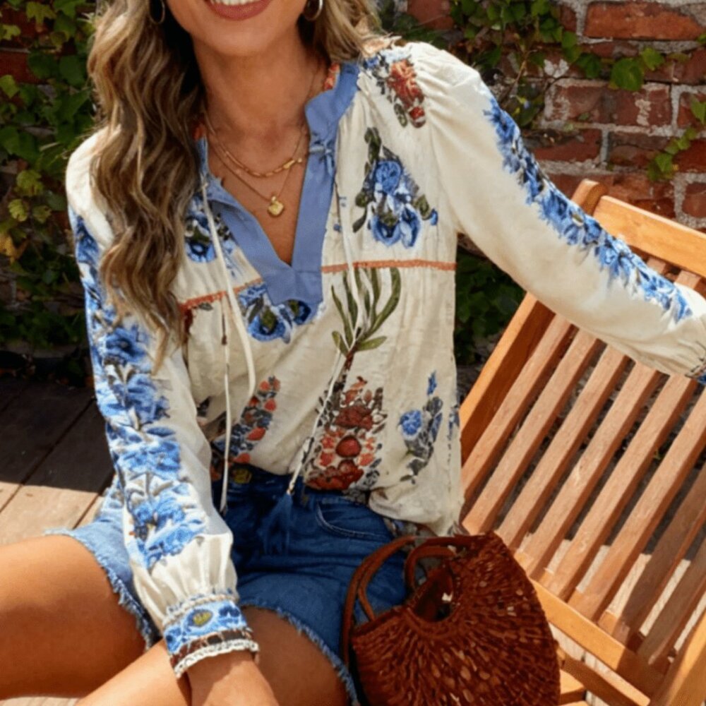 Apricot Vintage Boho Women's Floral V-Neck Tassel Long Sleeve Blouse - Picture 3 of 5